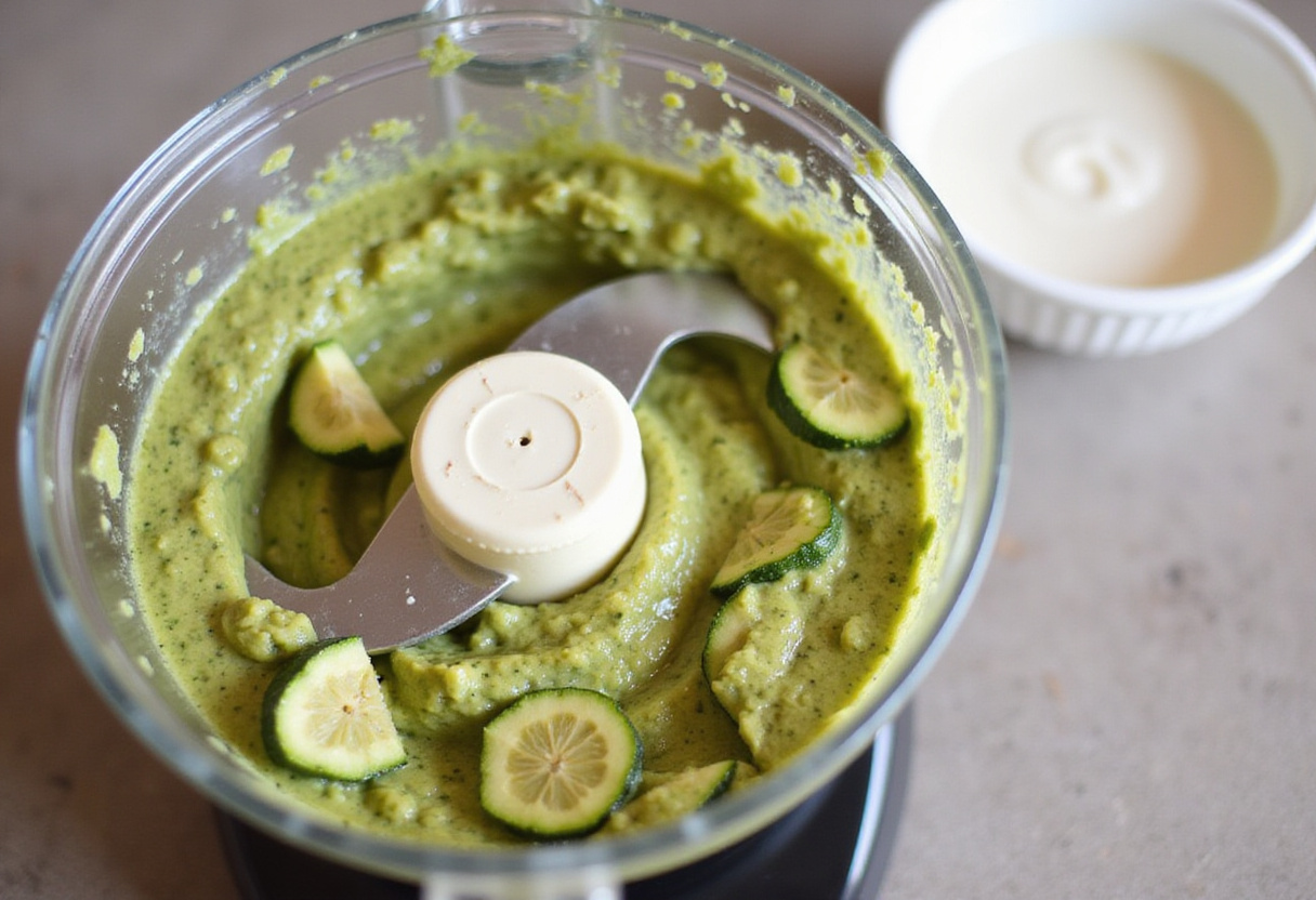 Licuando la mezcla de calabacín salteado para una crema fría de calabacín cremosa.