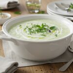 Crema fría de pepino y yogur griego presentada en un tazón, lista para disfrutar.