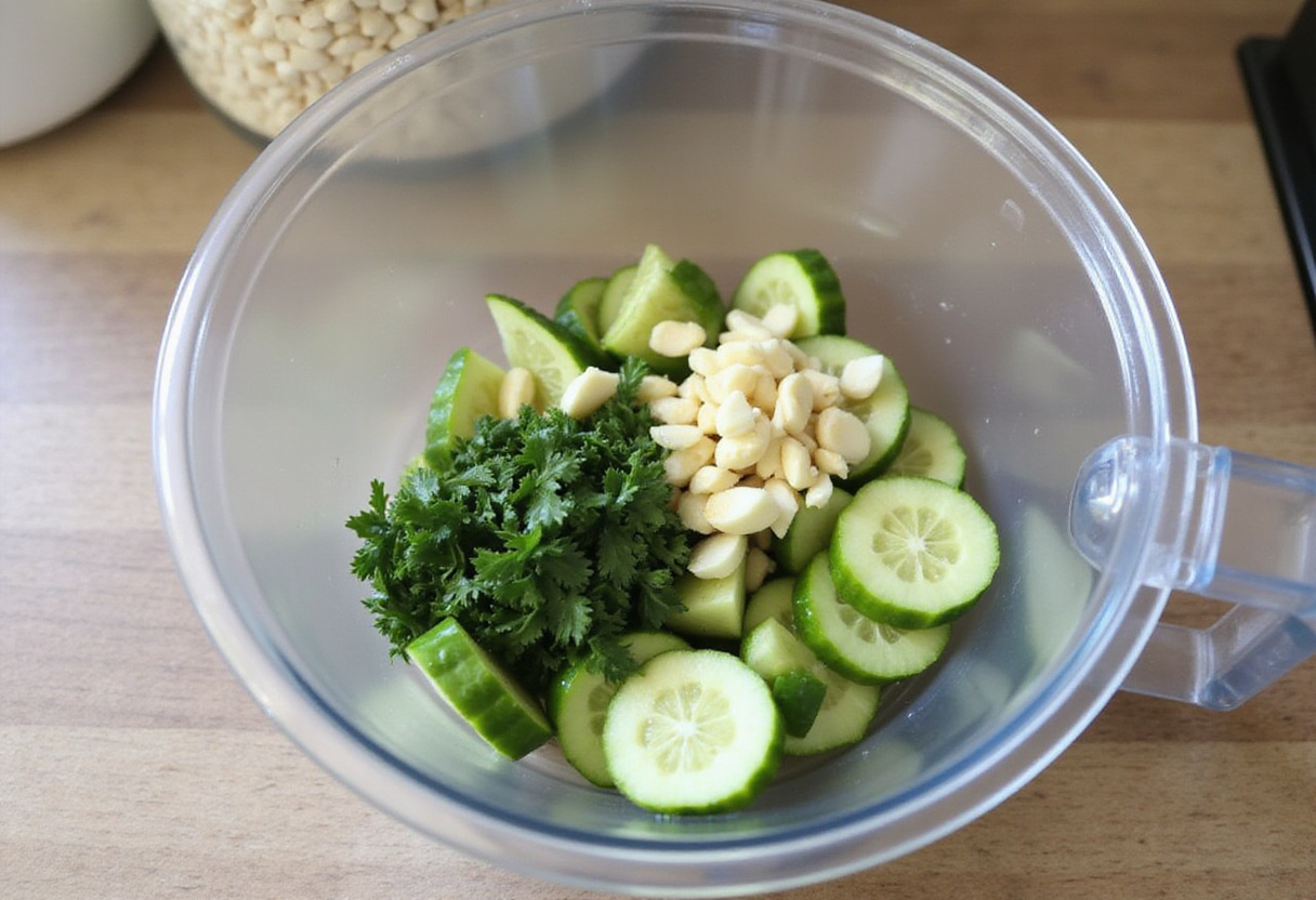 Ingredientes frescos para la crema fría de pepino y yogur griego en un tazón.