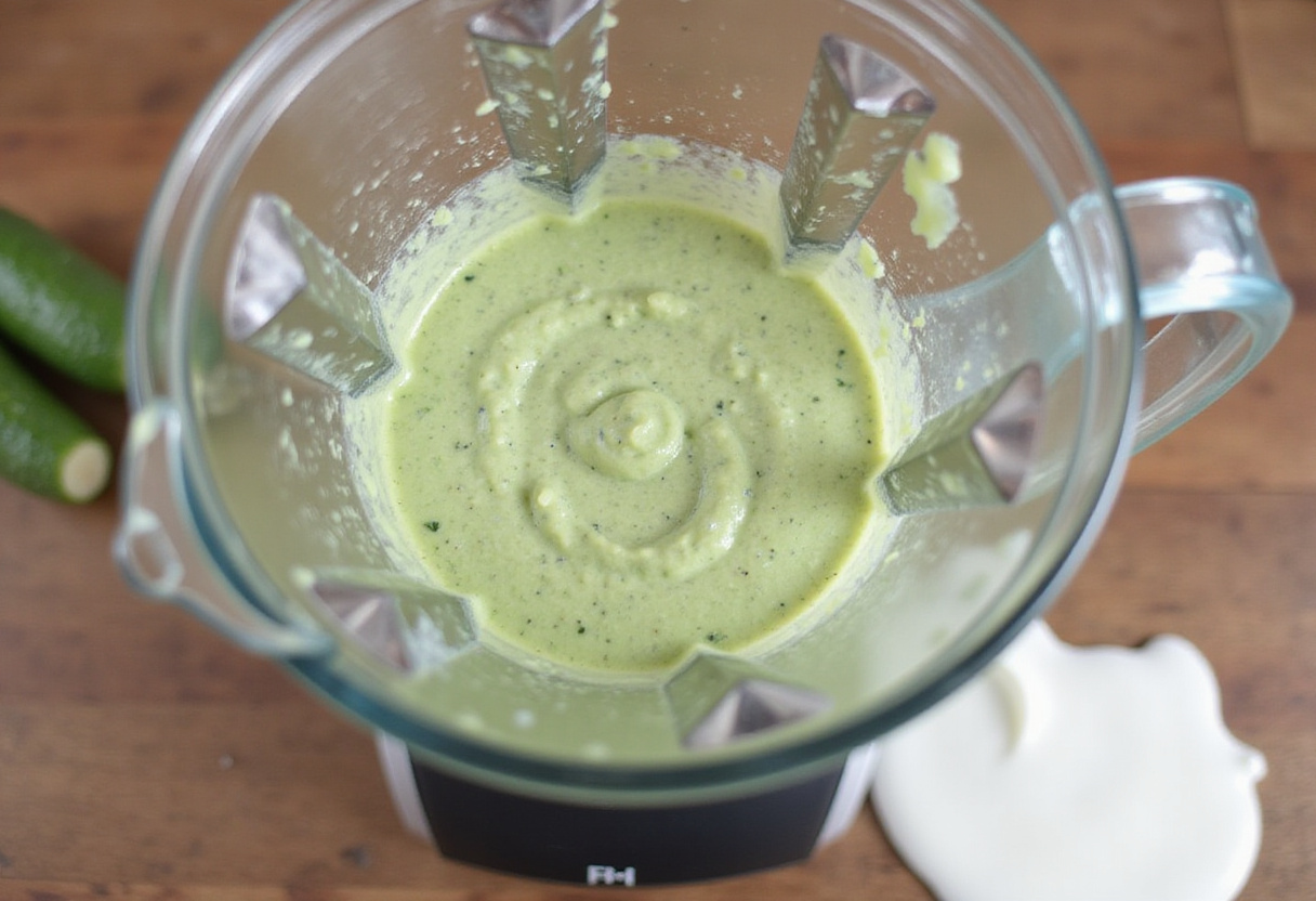 Mezcla de pepino siendo licuada para la crema fría de pepino y yogur griego.
