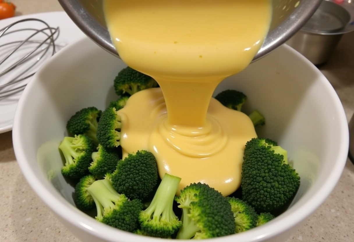 Cremige Käsesauce zu gekochtem Brokkoli für das Brokkoli Auflauf einfach Rezept hinzugefügt.
