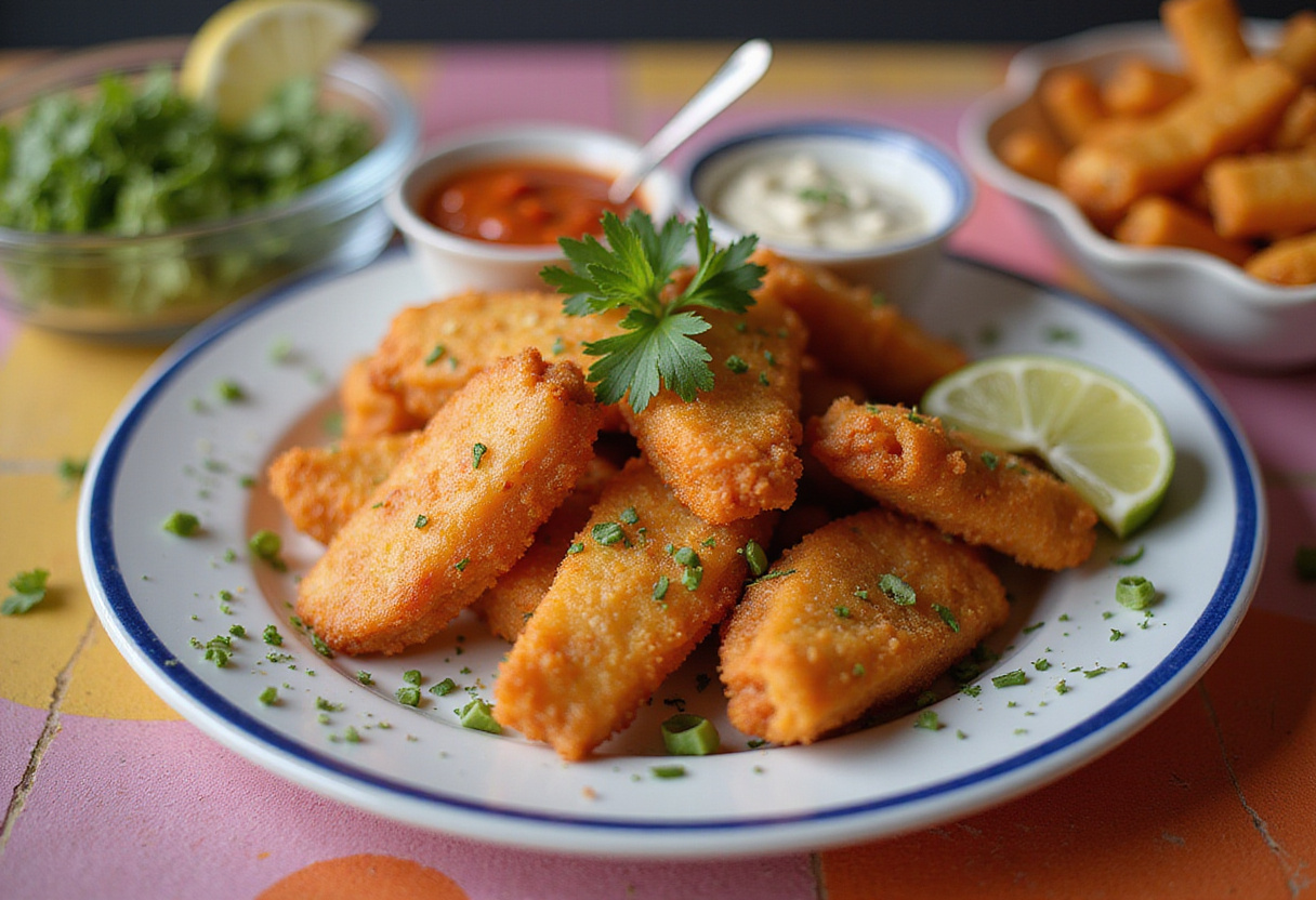 Dedos de pescado crujientes con dip habanero listos para servir.