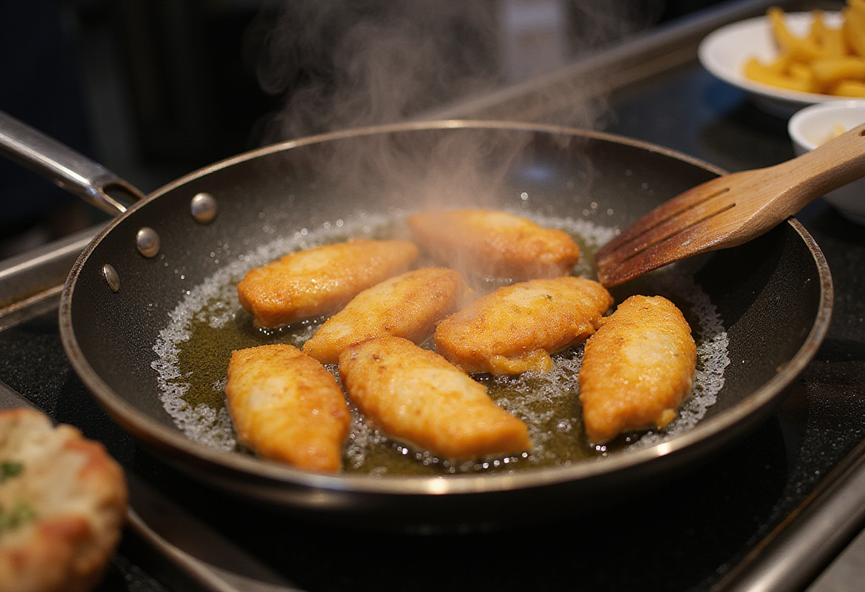 Dedos de pescado crujientes cocinándose en una sartén para aperitivos de pescado.