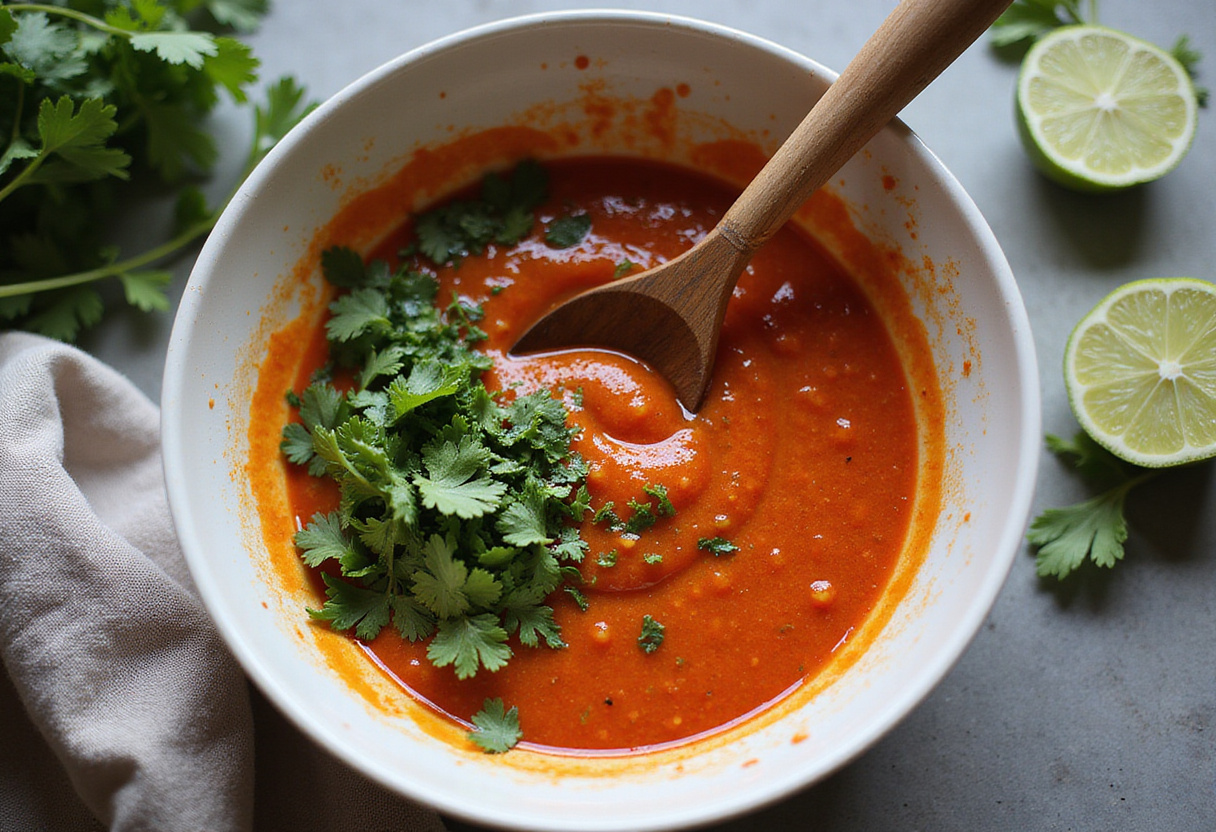 Dip habanero siendo preparado para acompañar dedos de pescado con salsa.