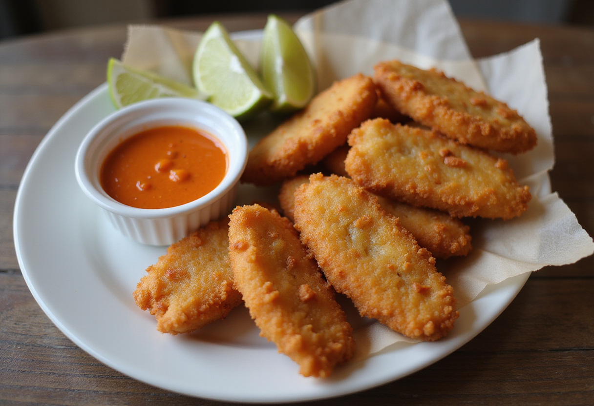 Dedos de pescado crujientes servidos con dip habanero en un plato.