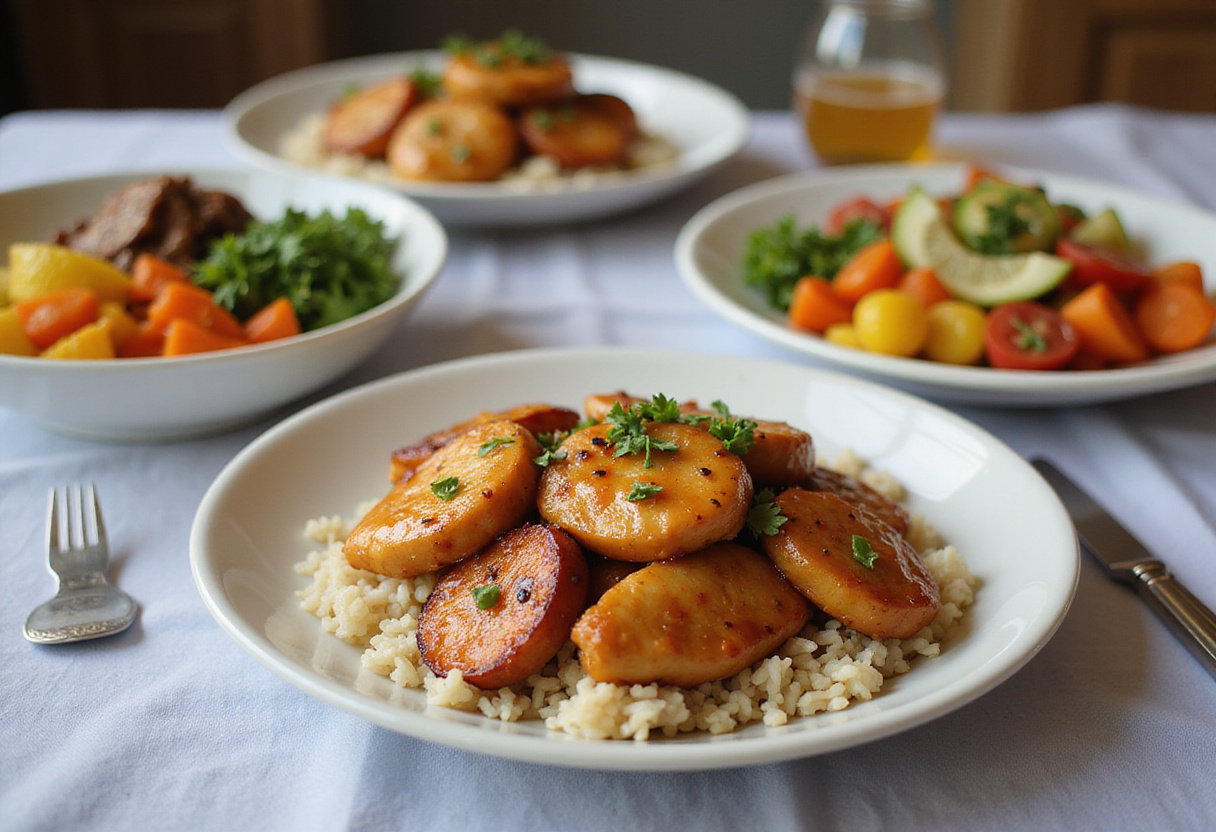 Tiras de pollo con miel y ajo servidas en la mesa, perfectas para una cena familiar.