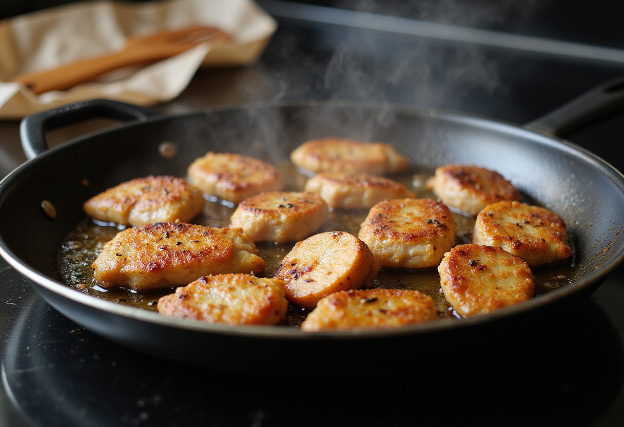 Cocinando tiras de pollo en miel y ajo en la sartén, receta de pollo a la miel.