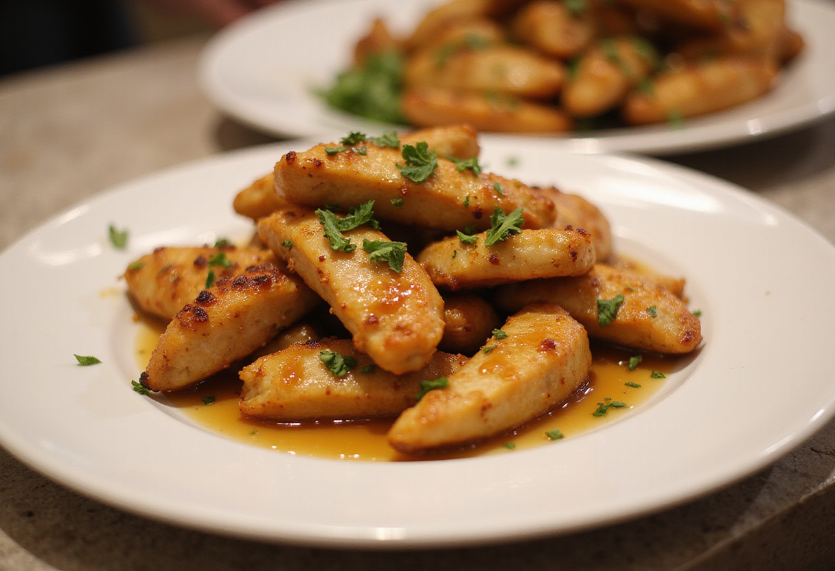 Tiras de pollo a la miel y ajo servidas en un plato con miel y perejil.