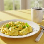 Huevos revueltos esponjosos listos para servir, ideales para un desayuno saludable y rápido.