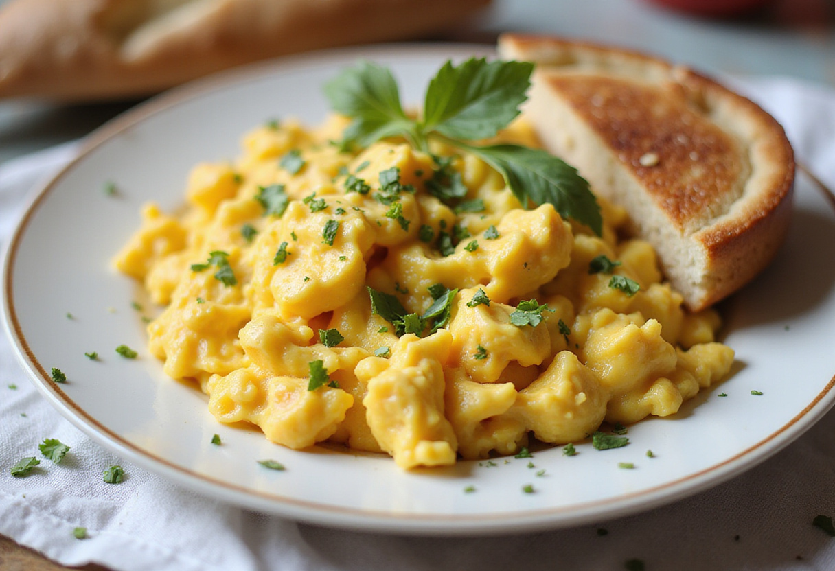 Huevos revueltos esponjosos listos para servir, ideales para un desayuno saludable y rápido.