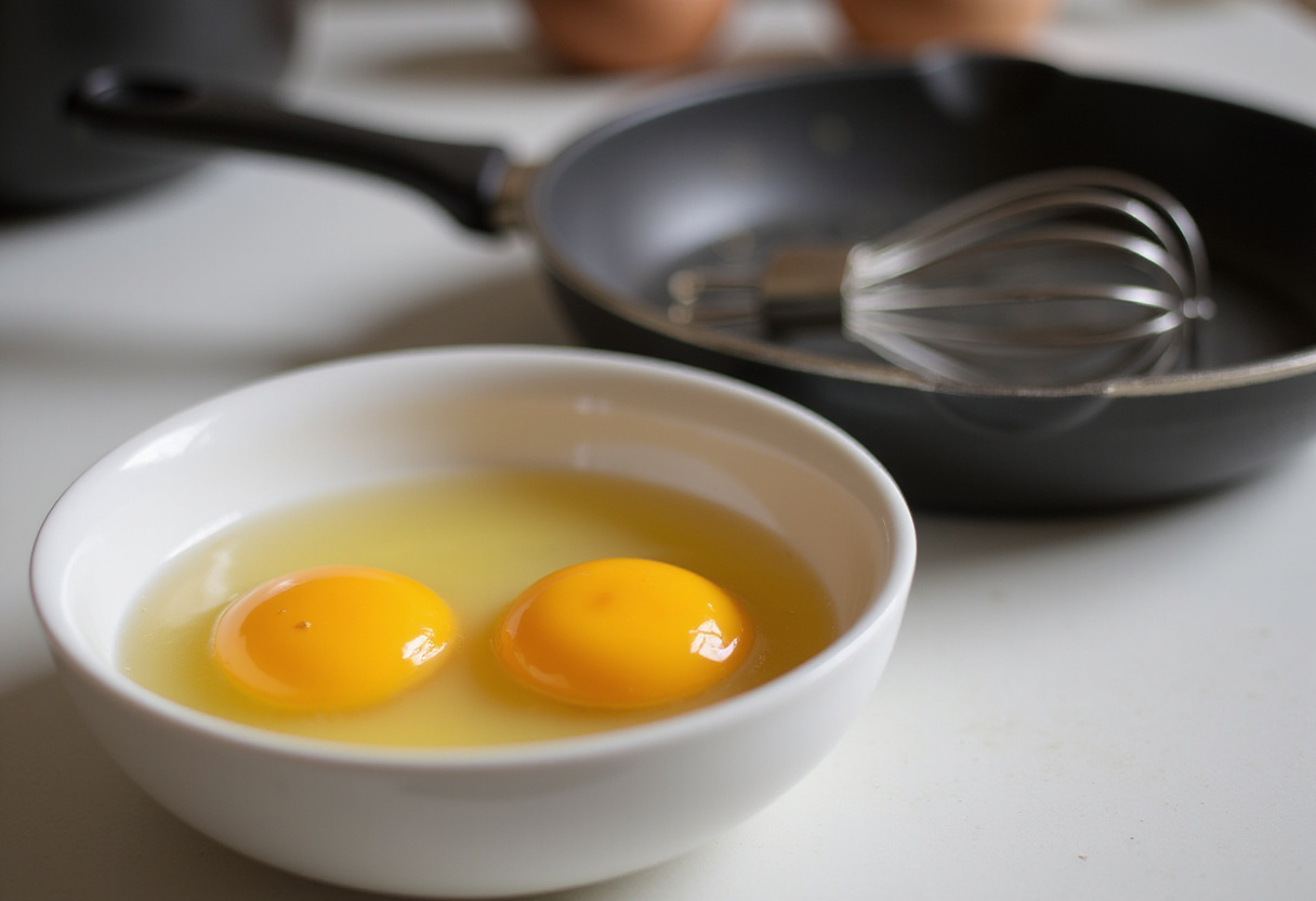 Dos huevos frescos en un tazón listos para una receta rápida de desayuno.
