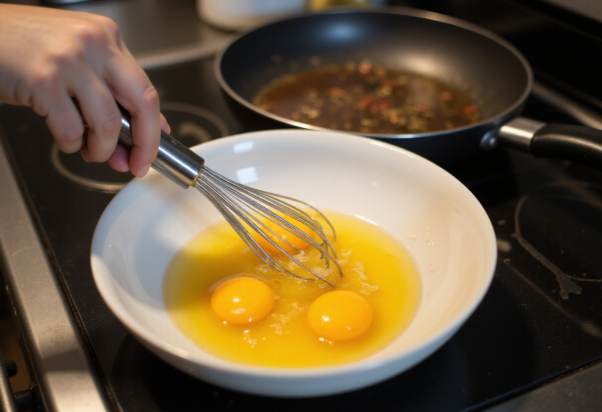 Huevos batidos en un tazón para desayuno fácil en 5 minutos.