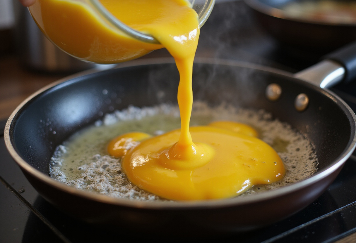 Huevos batidos vertidos en una sartén para desayuno saludable sencillo.