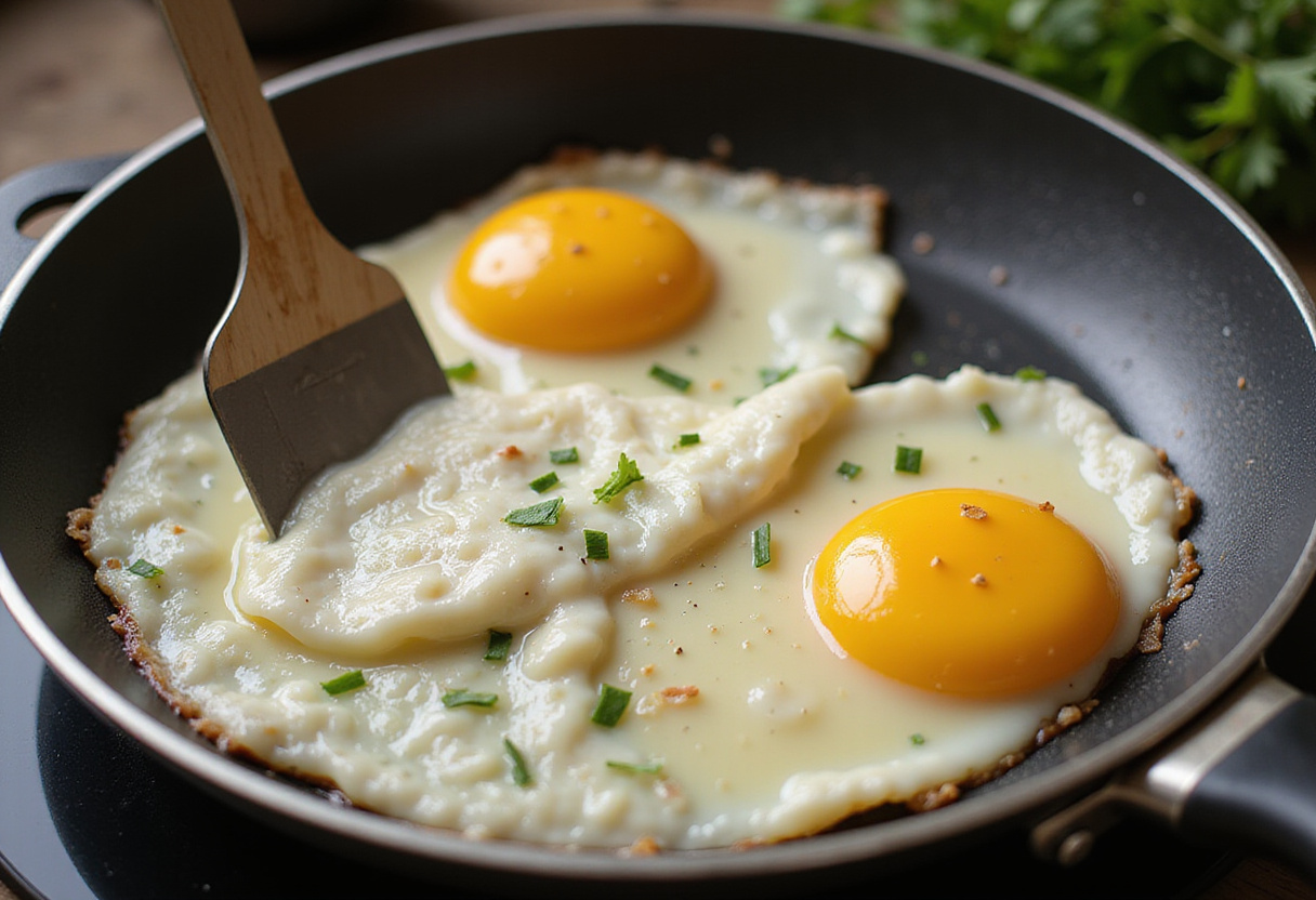 Huevos en la sartén siendo volteados para preparar un desayuno fácil y rápido.
