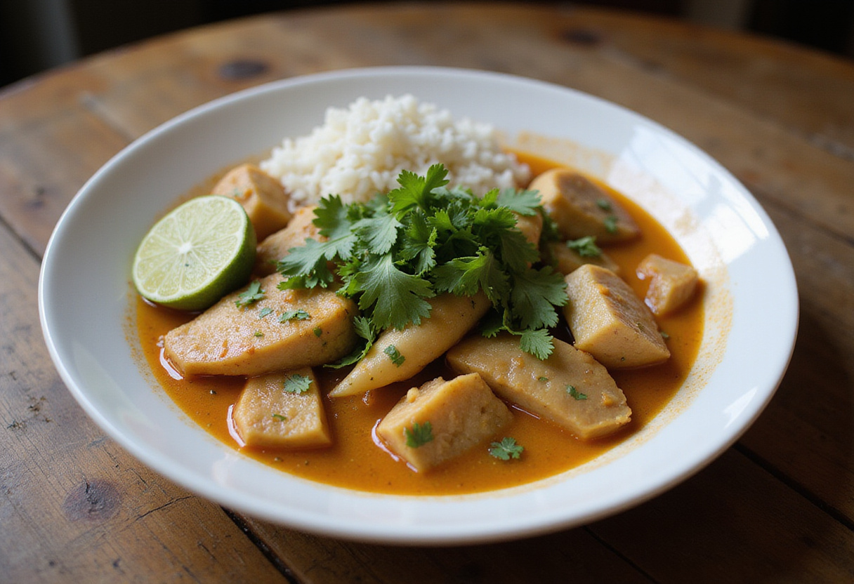 Deliciosa Moqueca de Peixe servida con arroz y lima, perfecta para un festín de mariscos.
