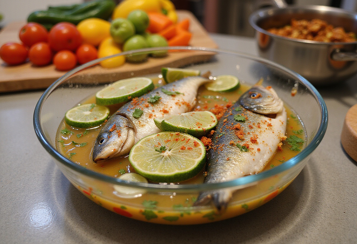 Pescado marinado para la receta de Moqueca de Peixe con verduras coloridas al fondo.
