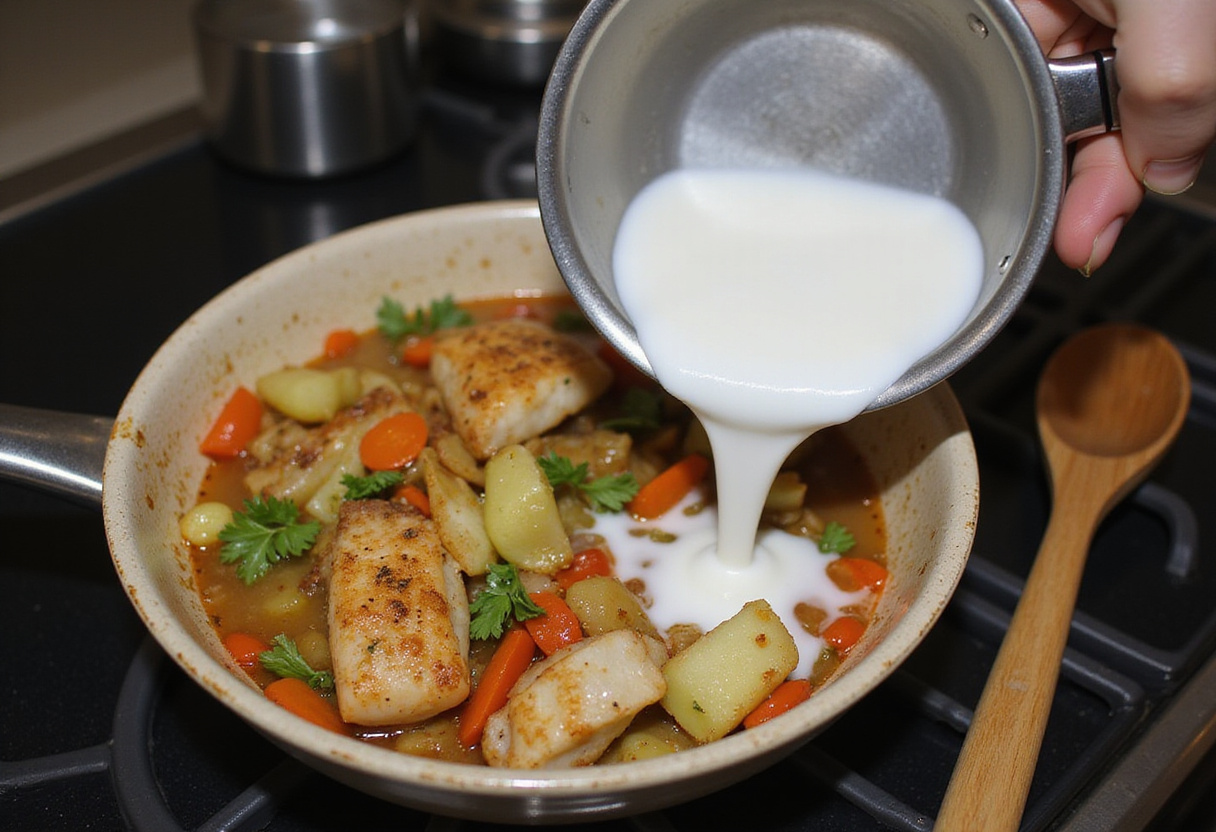 Añadiendo leche de coco al plato de Moqueca de Peixe para una textura cremosa.