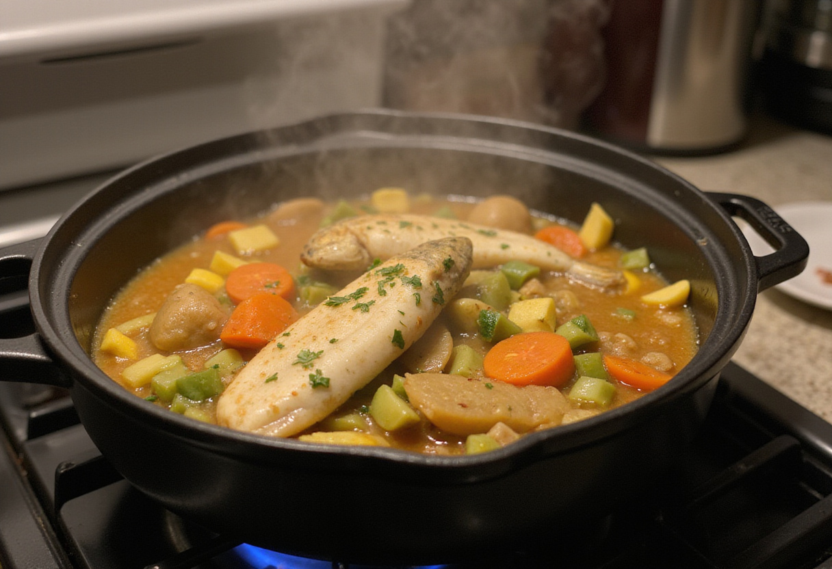 Cocinando Moqueca de Peixe con ingredientes vibrantes y vapor en una olla de cocina.