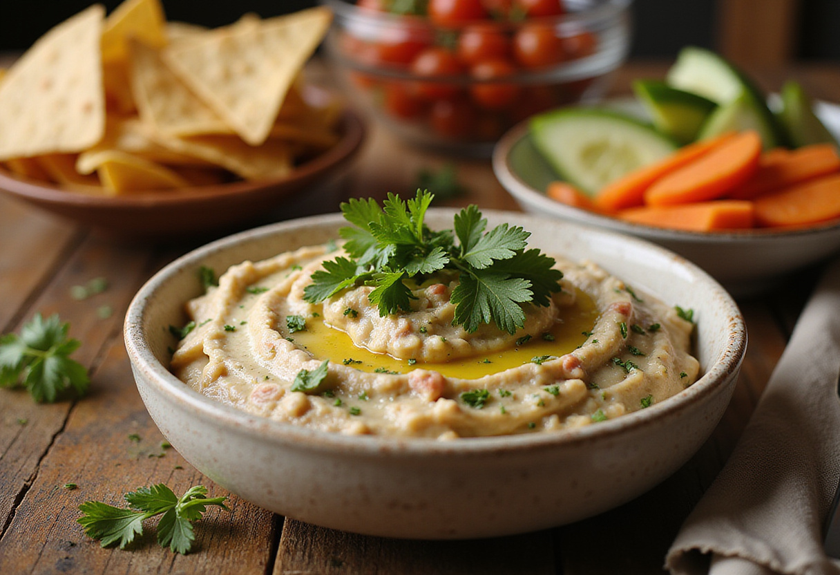 Dip de cebolla y ajo terminado, perfecto para compartir en cualquier celebración.