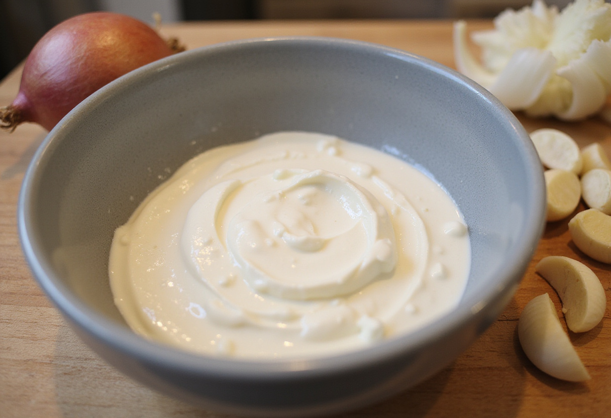 Ingredientes para dip de cebolla y ajo: crema de queso, crema agria, cebolla picada y ajo.