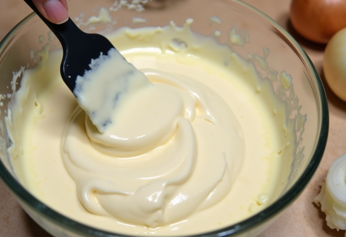 Mezclando los ingredientes del dip de cebolla y ajo para una receta fácil.