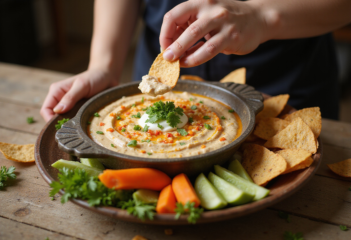 Dip de cebolla y ajo fácil servido en un plato, listo para disfrutar como aperitivo sencillo.
