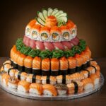 Tarta de sushi decorada con toppings coloridos, perfecta para celebraciones.