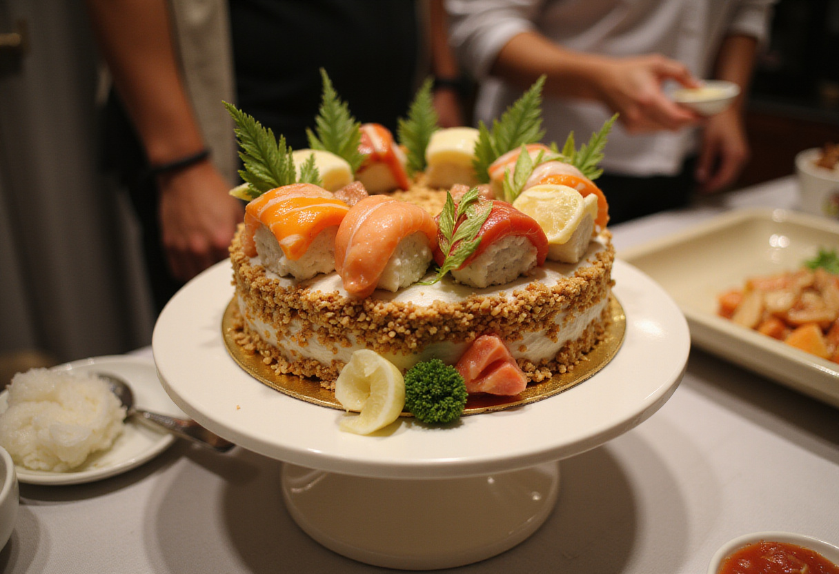 Tarta de sushi decorada con toppings coloridos, perfecta para celebraciones.