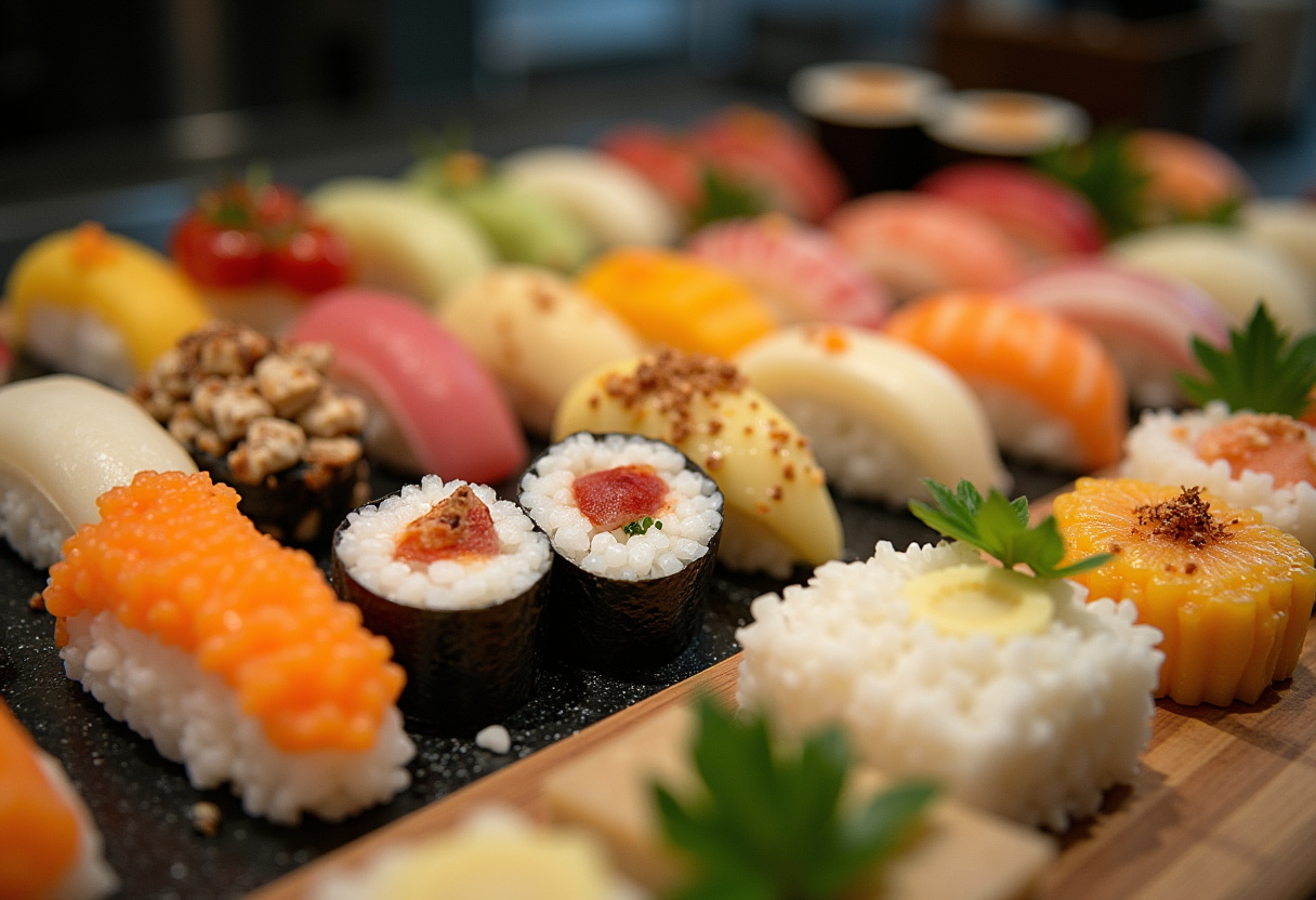 Ingredientes diversos para preparar una tarta de sushi, incluyendo arroz y frutas coloridas.