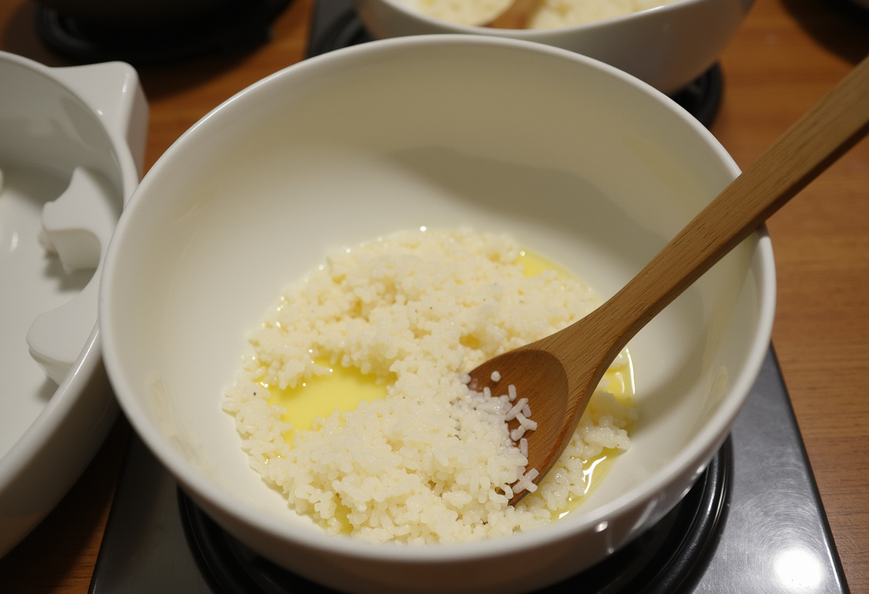 Arroz de sushi mezclado con vinagre para realizar la base de tarta de sushi.