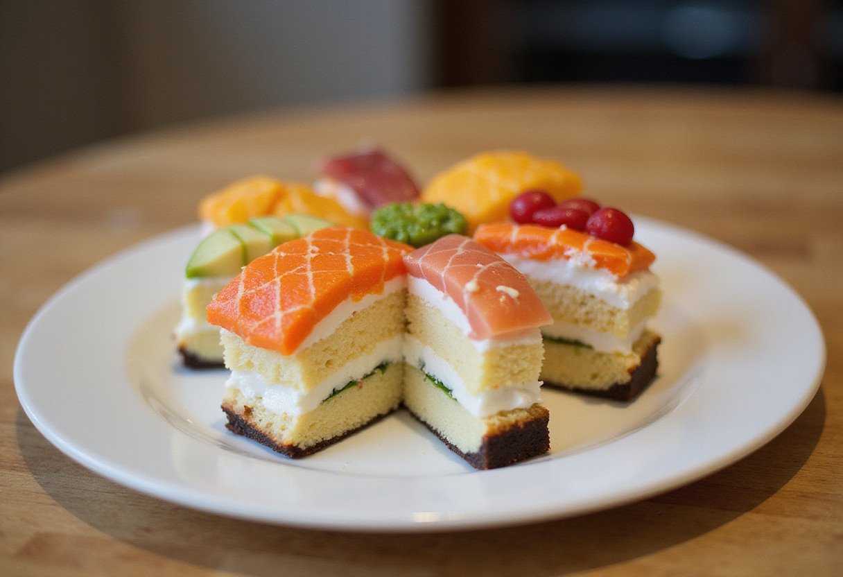 Capas de tarta de sushi siendo ensambladas con bonitos toppings.