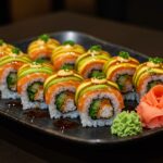 Finished dragon roll con langostino tempura, elegantly arranged for sushi lovers.