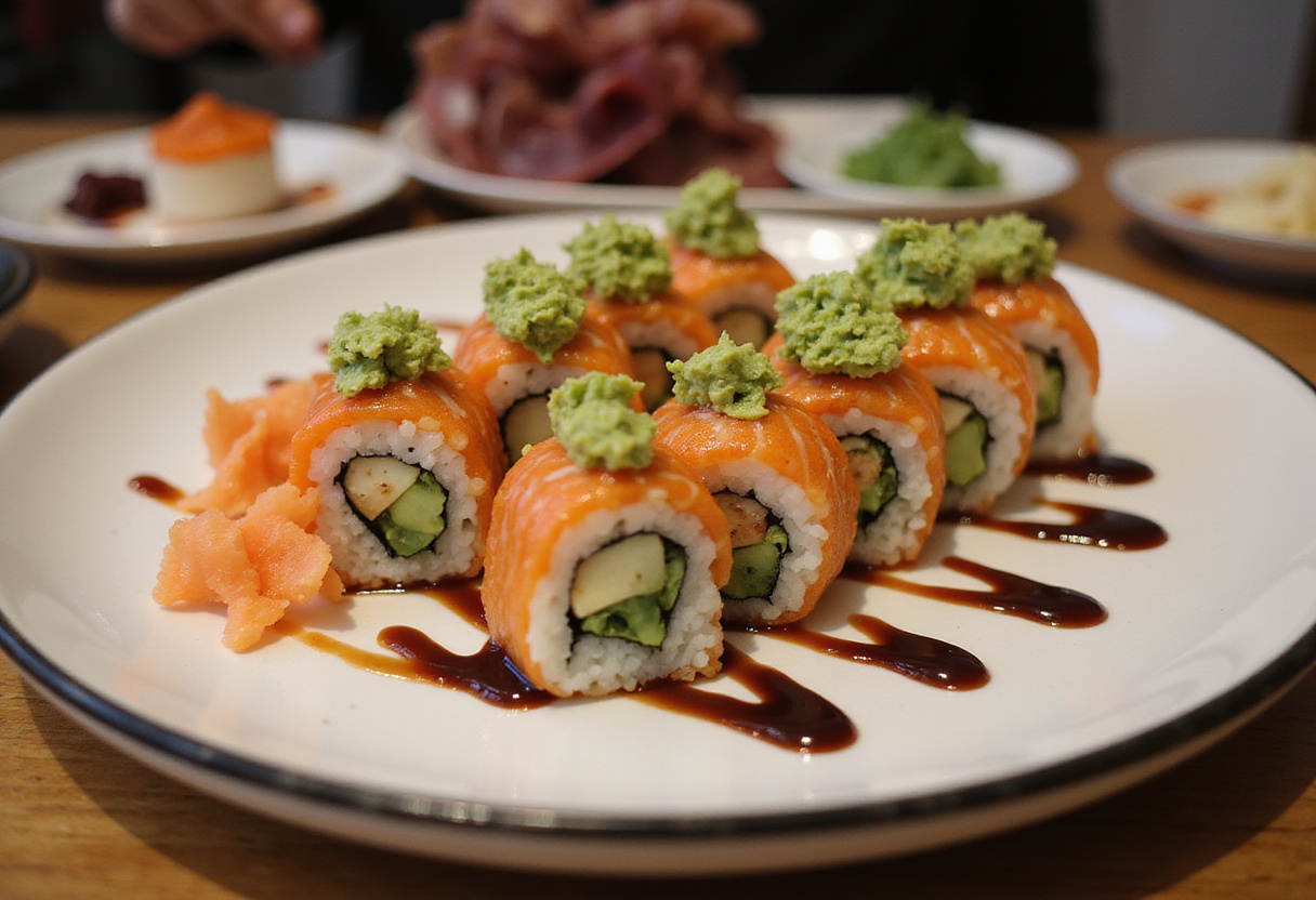 Finished dragon roll con langostino tempura, elegantly arranged for sushi lovers.