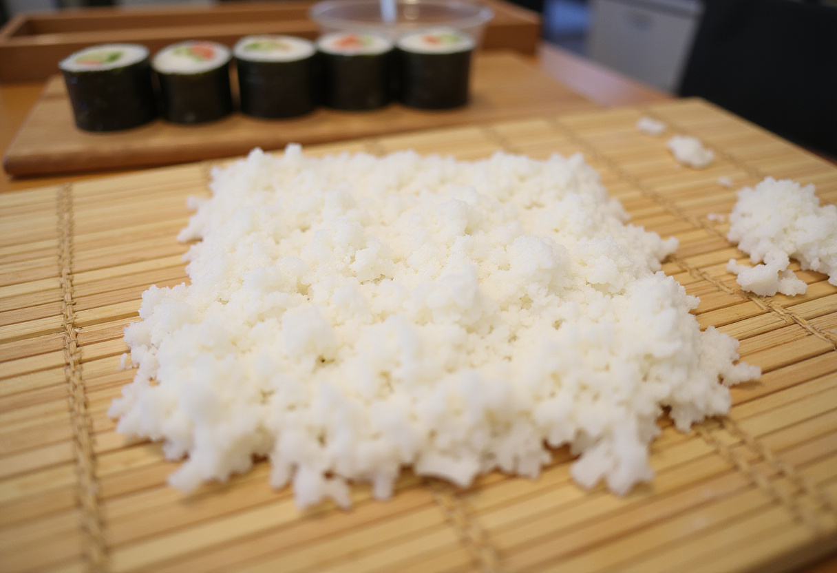 Sushi rice spread on a bamboo mat for receta de dragon roll.