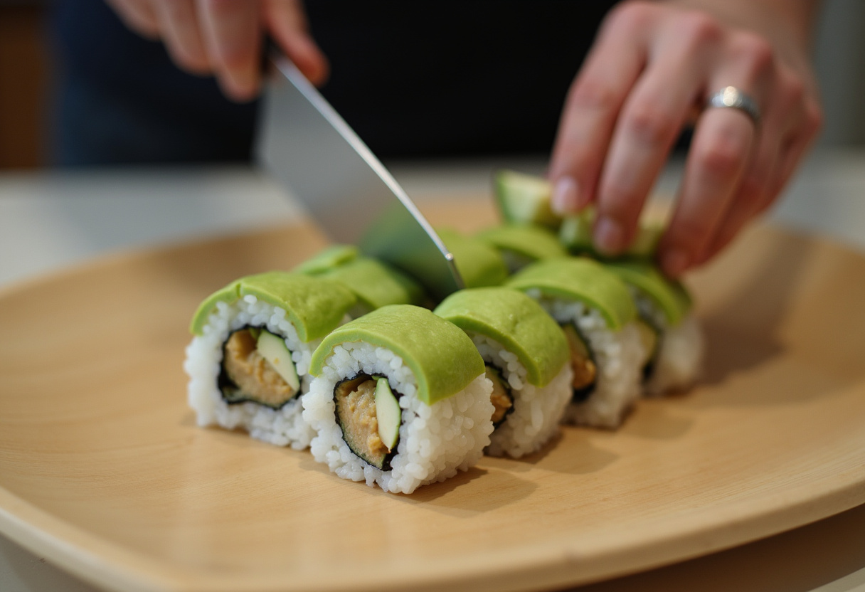 Assembly of dragon roll with avocado and cucumber for cocina japonesa.
