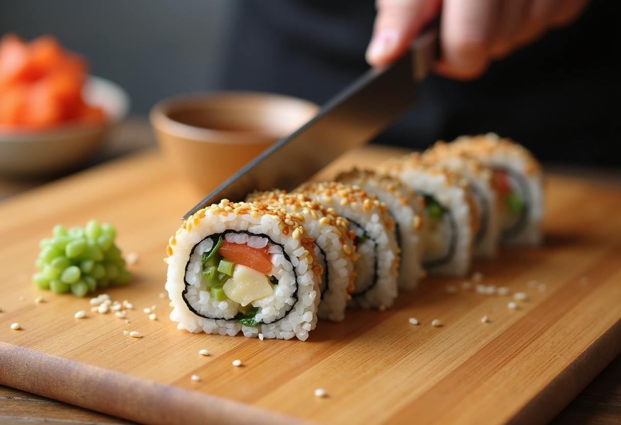 Cut dragon roll sushi pieces displayed on a cutting board, ready to serve.