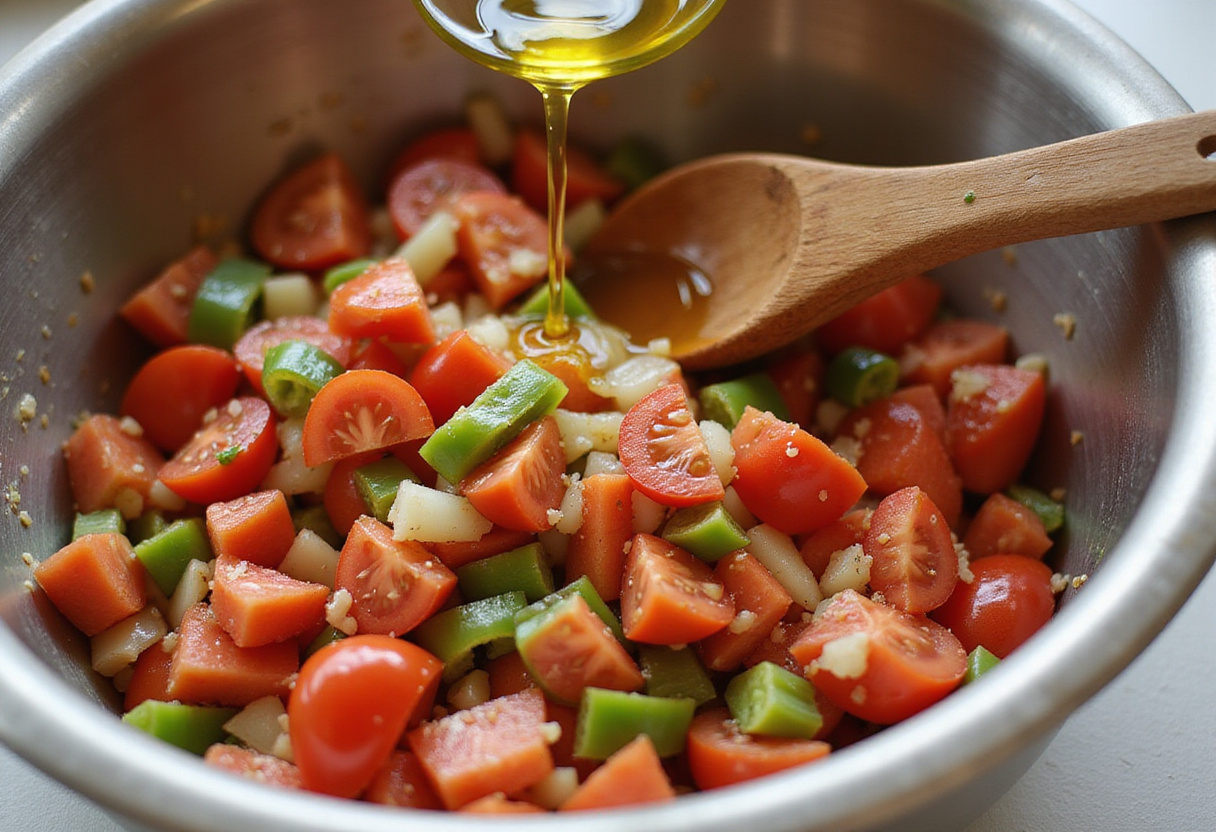 Mezclando los ingredientes frescos para la receta de empedrat de bacalao con bacalao desmenuzado.