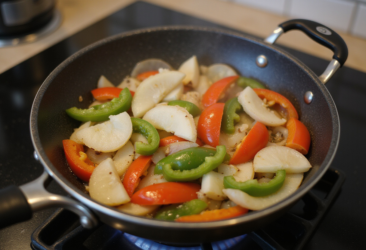 Cocinando cebollas y pimientos en una olla para la receta encebollado de pescado fácil.