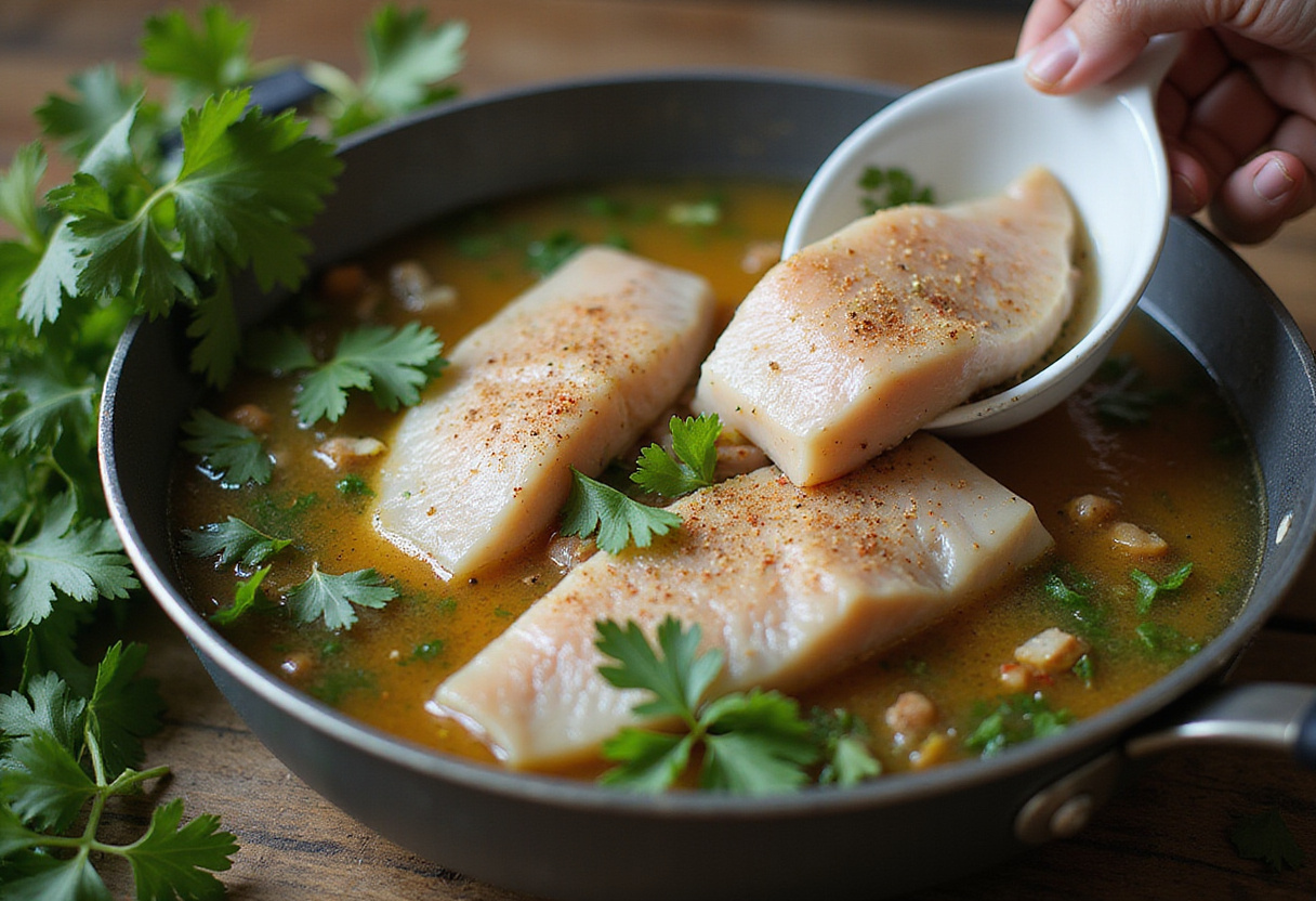 Añadiendo filetes de pescado fresco a la olla para la receta encebollado de pescado fácil.
