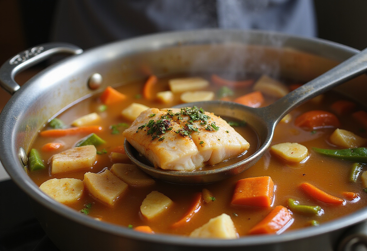 Revolviendo la sopa de pescado encebollado mientras se cocina a fuego lento.