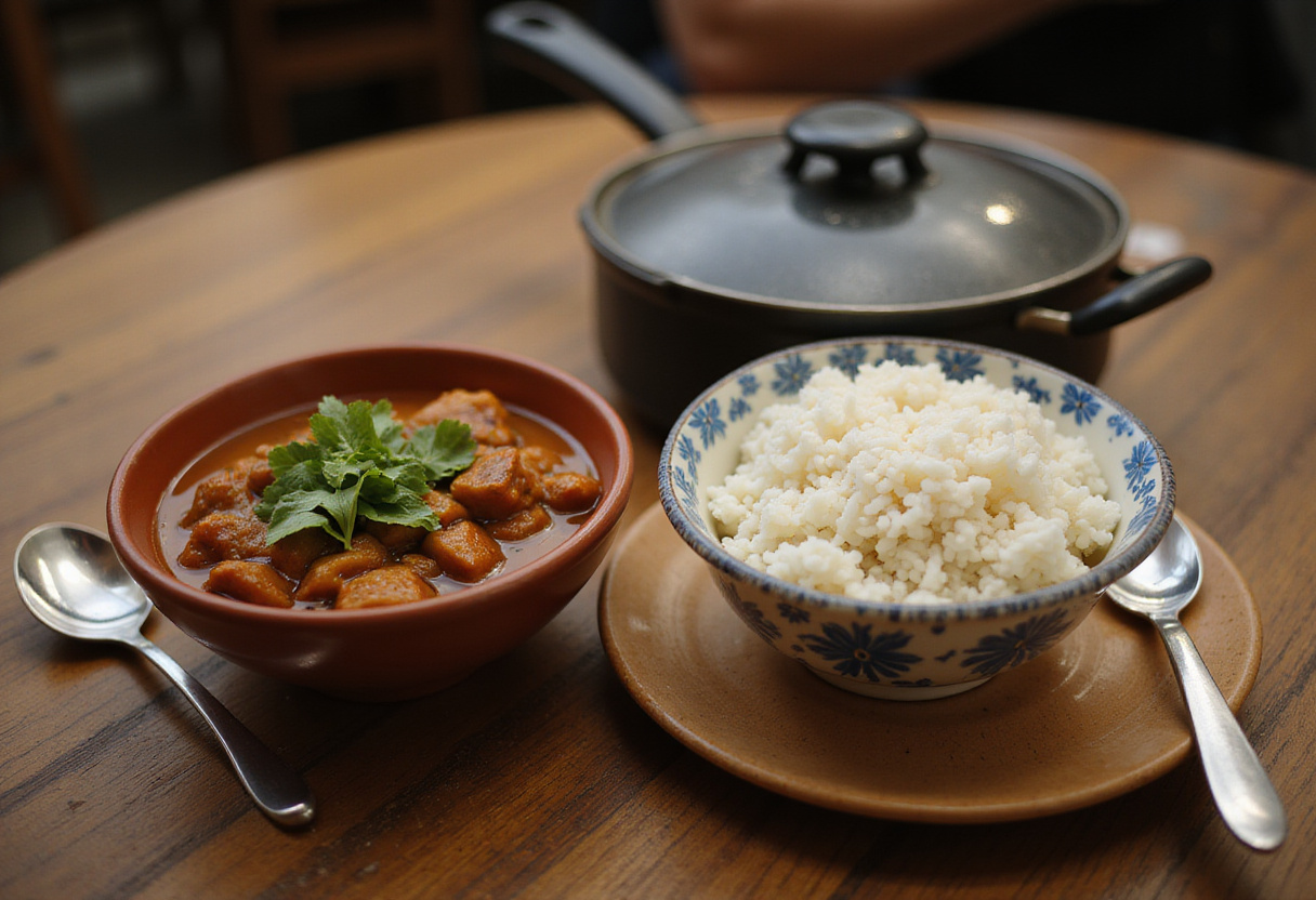 Preparando un tazón de arroz para acompañar la receta encebollado de pescado fácil.