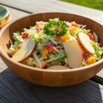 Ensalada americana de col y manzana servida en un tazón colorido, lista para un picnic.
