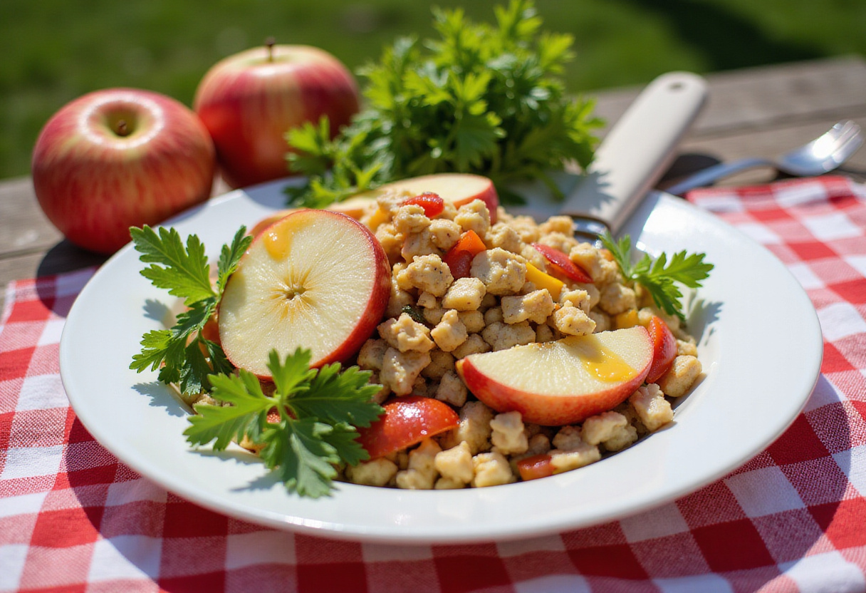 Ensalada americana de col y manzana servida en un tazón colorido, lista para un picnic.