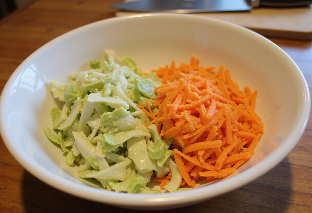 Ensalada americana de col con repollo y zanahorias en un tazón grande.