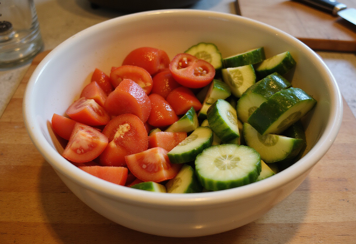 Fresh diced vegetables for ensalada campera rápida in a mixing bowl.