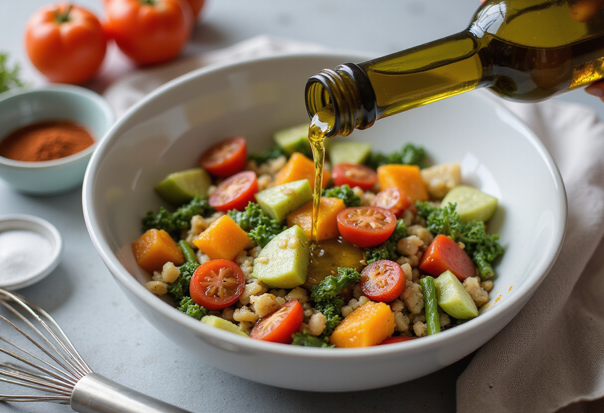 Olive oil being added to the vegetable mix for ensalada campera rápida.