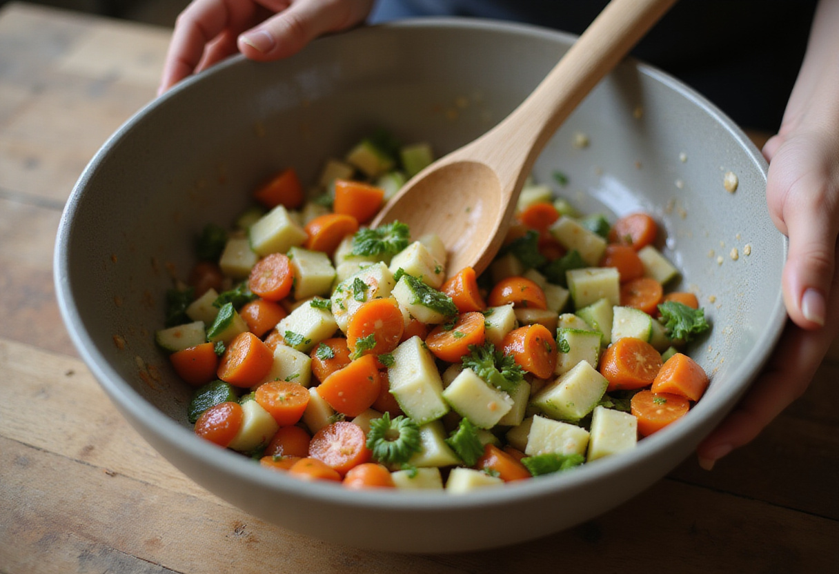Mixing vegetables for ensalada campera rápida to ensure even coating.