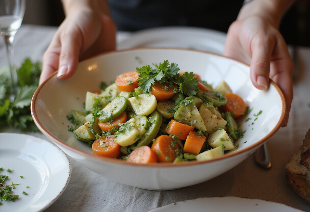 Transferring ensalada campera rápida to a serving bowl, ready for enjoyment.