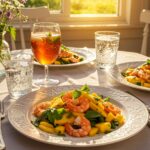Ensalada de camarones y mango terminada, servida en una mesa de verano, perfecta para celebraciones al aire libre.
