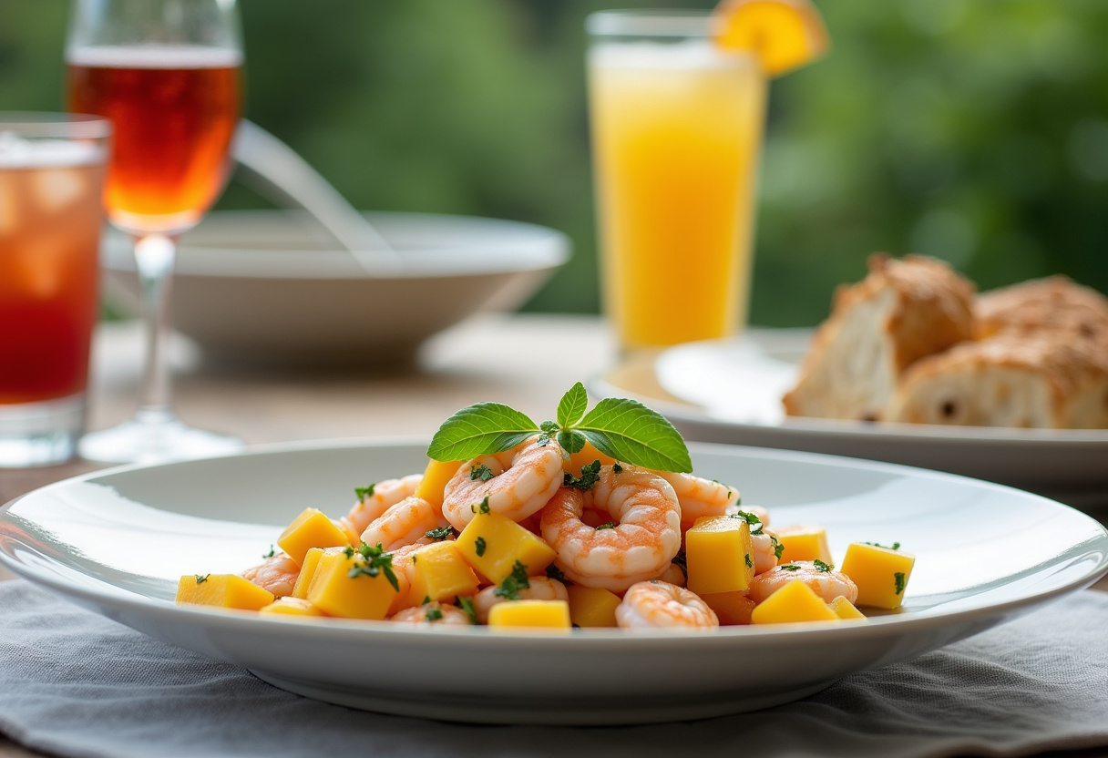 Ensalada de camarones y mango terminada, servida en una mesa de verano, perfecta para celebraciones al aire libre.